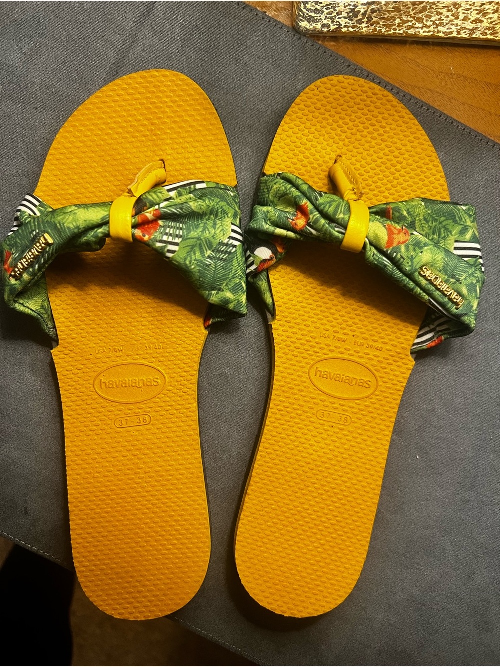 New Havaianas St Tropez- Yellow Footbed with Green Tropical Strap Slides- 7/8